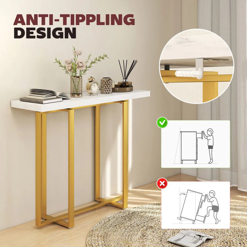 HOMCOM Console Table with Faux Marble Top, 100 cm Narrow Entryway Table with Anti-tipping Device, Steel Frame, White