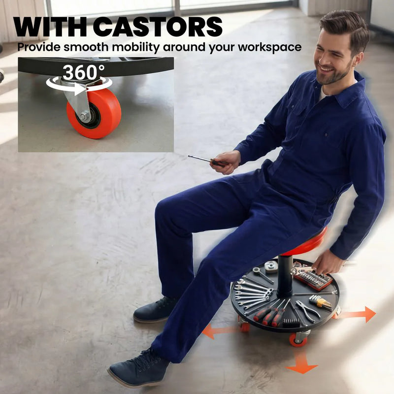 HOMCOM Rolling Mechanical Stool, Pneumatic Adjustable Workshop Stool with Tool Tray, Wheels - Orange