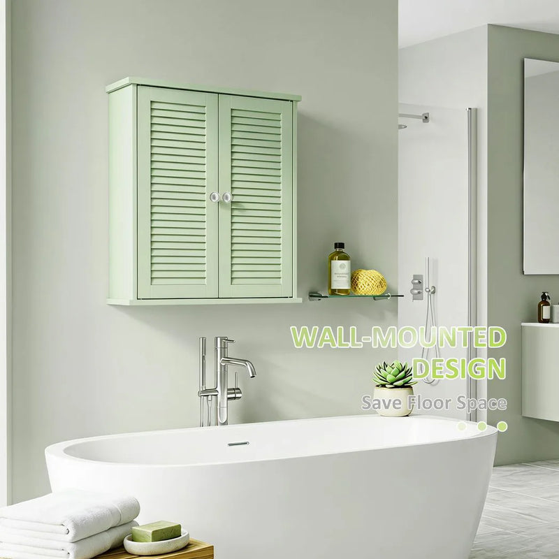 HOMCOM Bathroom Cabinet, Bathroom Wall Cabinet with Louvered Doors and Adjustable Shelf Storage for Kitchen, Light Green