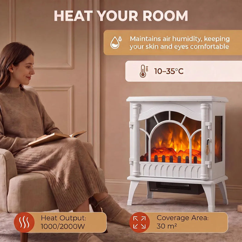 HOMCOM 3-Sided Glass Electric Fire Fan Heater, Electric Fireplace Stove Freestanding Log Burner with Flame Effect, White