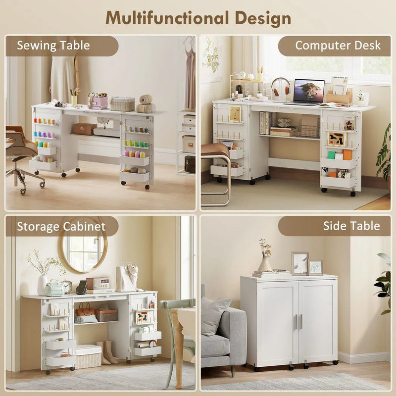 HOMCOM Folding Sewing Table with 2 Magnetic Doors, Storage Shelf, Lockable Wheels, Space Saving, White
