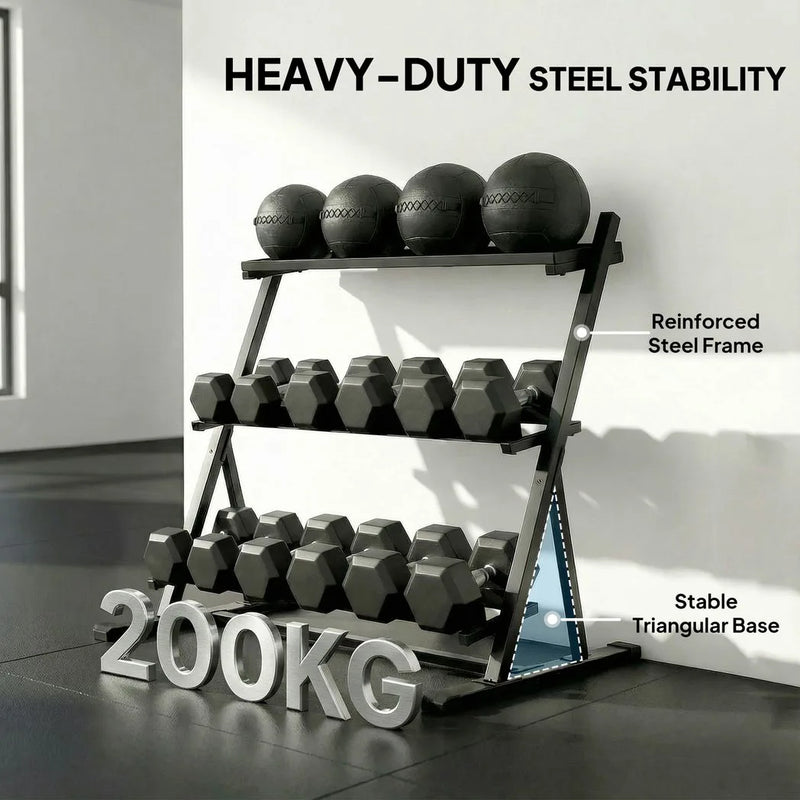 SPORTNOW 3-Tier Adjustable Dumbbell Rack, Heavy-Duty Weight Rack for Dumbbells, Kettlebells and Multiple Balls, Space-Saving Weight Storage Stand for Home Gym, 200 KG Capacity
