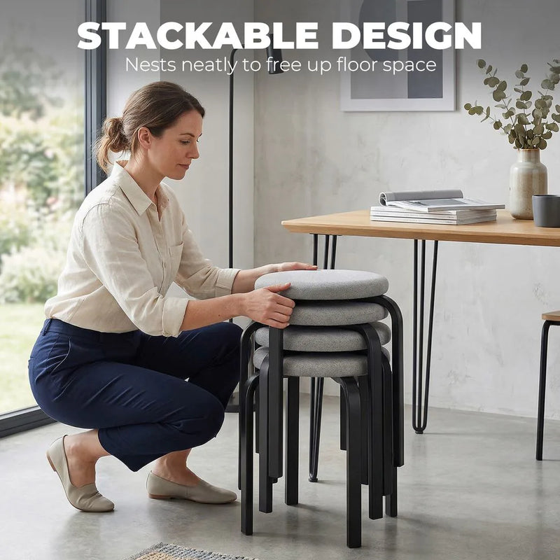 HOMCOM Stackable Stools Modern Cushioned Round Backless Stools Set of 4 Kitchen Dining Room Grey