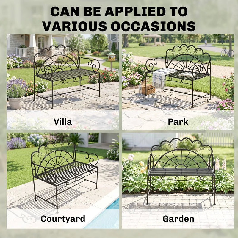 Outsunny Metal Garden Bench Loveseat with Slatted Seat, Black