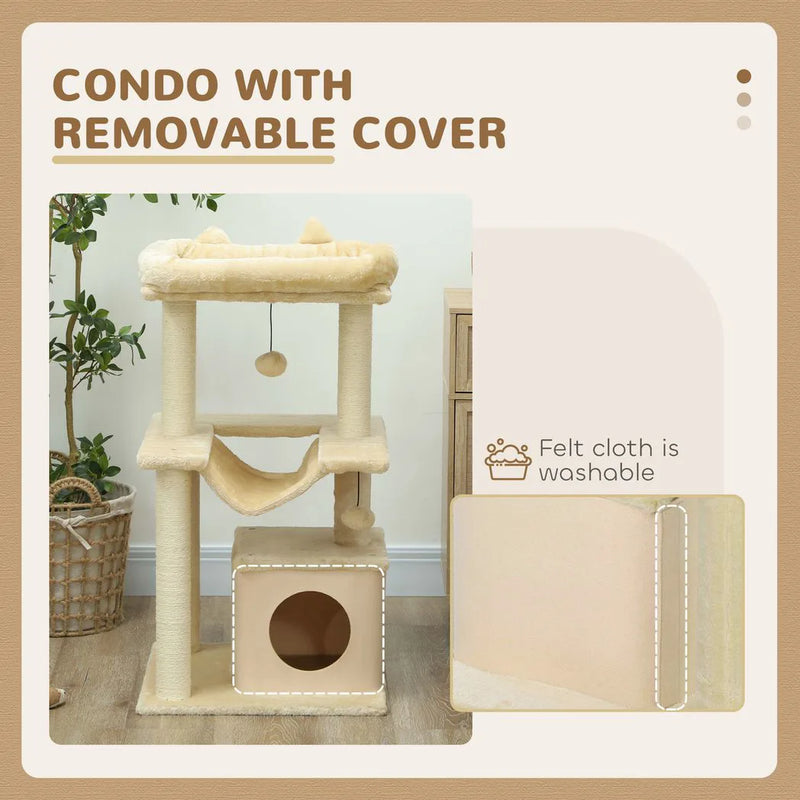 PawHut Cat Tree, 90cm Cat Tower with Sisal Scratching Posts, Cat Condo, Hammock, Top Perch and 2 Hanging Toys for Cats, Beige