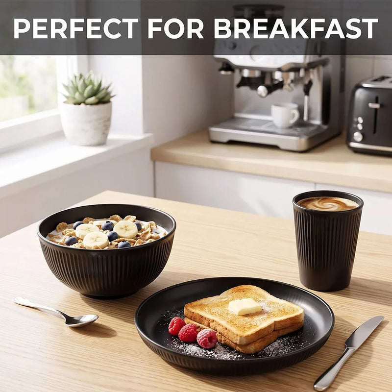 18PCS Round Dinner Set Wheat Straw Dining Plate Bowl Mug Unbreakable Dinnerware-Black