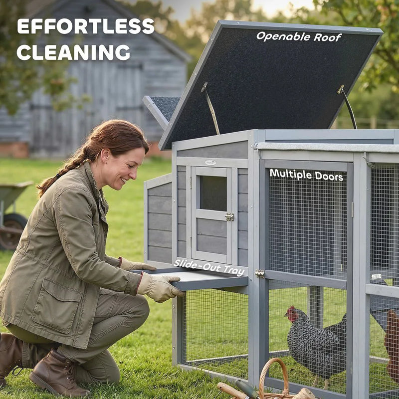 PawHut Large Chicken Coop, Wooden Hen House with Covered Run, Nesting Box, Pull-Out Tray, Opening Asphalt Roof
