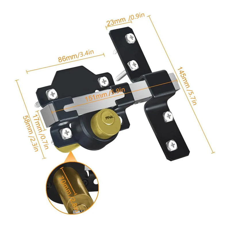 70mm Both Sides Gate Lock Garden Security Double Long Throw Bolt Rim Lock 5 Keys