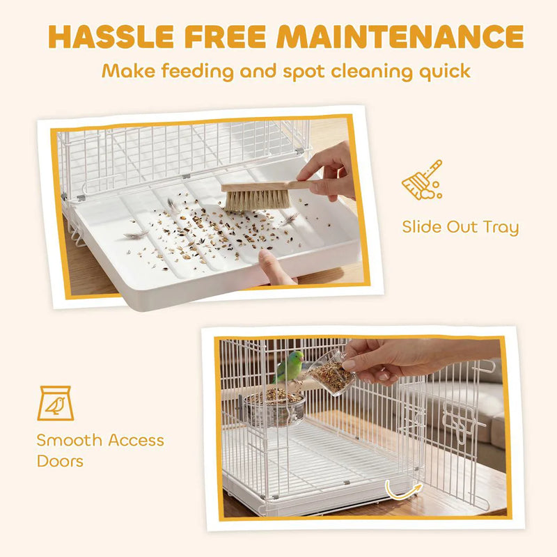 PawHut Bird Cage Foldable Portable Budgie Cage with Wooden Perch 2 Bowls for Travel 49 x 31 x 40 cm White