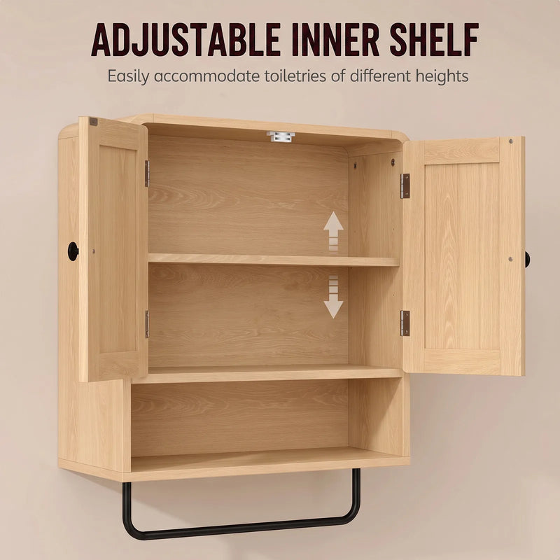 HOMCOM Bathroom Cabinet Wall Mounted, Bathroom Wall Cabinet with 2 Doors, Adjustable Shelf Storage for Toilet, Oak