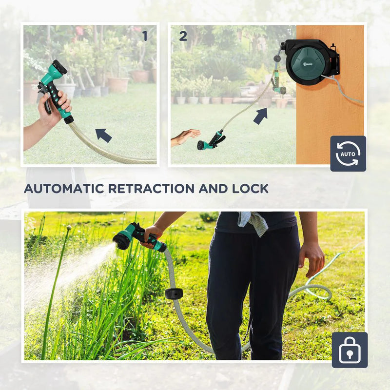 Outsunny Retractable Hose Reel Wall Mounted, 30 Garden Hose Pipe Reel with Lock, Auto Rewind, 7 in 1 Spray Nozzle, Includes Wall Fixings, 180° Swivel, Outdoor Watering, 59 x 23 x 42 cm, Green