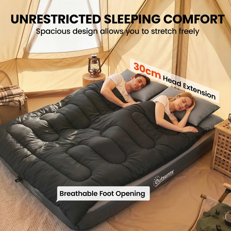 Outsunny Double Sleeping Bag with 2 Pillows, 220 x 160 cm Extra-Large Sleeping Bag for Adults, Black