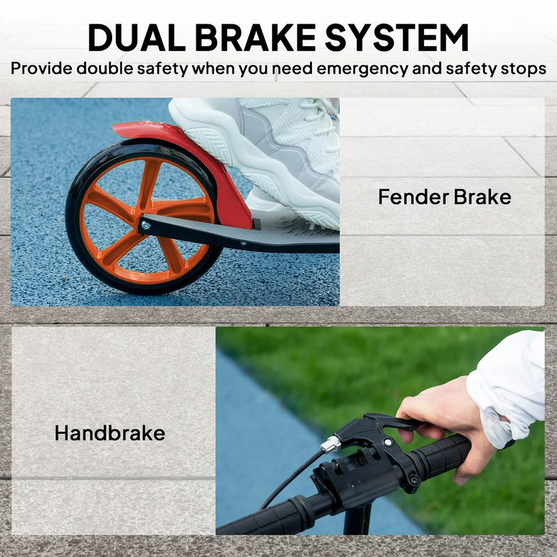 HOMCOM One-click Folding Kick Scooter for 14 w/ Adjustable Handlebar, Push Scooter with Kickstand, Dual Brake System, Red