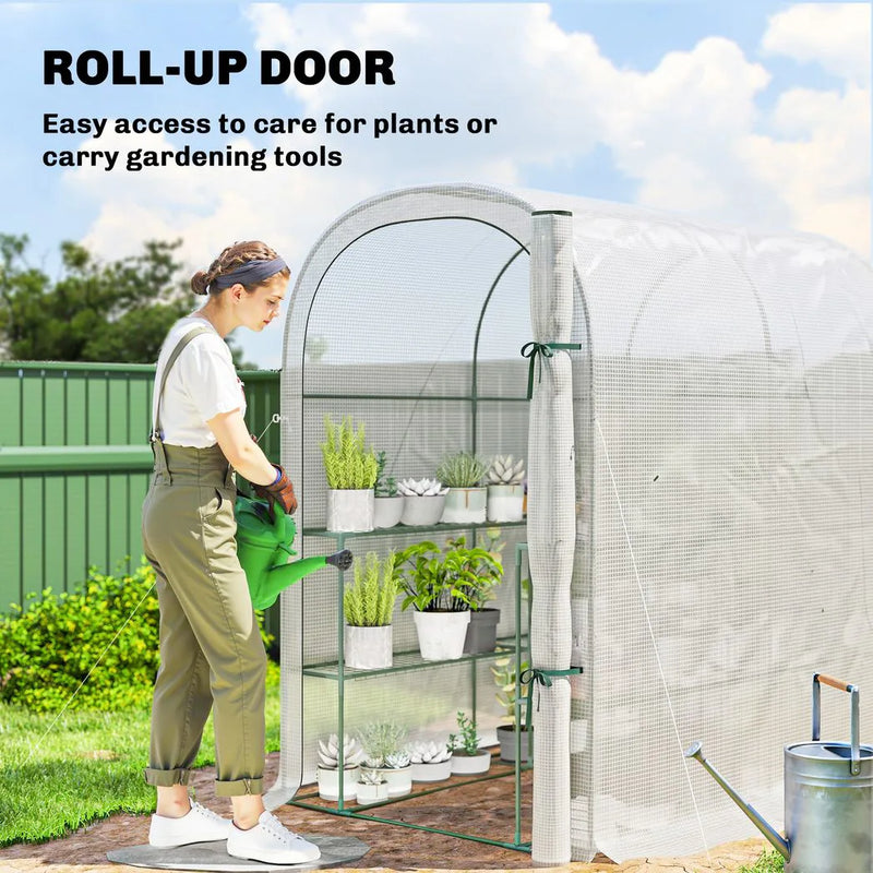 Outsunny Walk-in Greenhouse with Shelves, Small Greenhouse with PE Cover and Roll-up Door, 123 x 187 x 189 cm, White