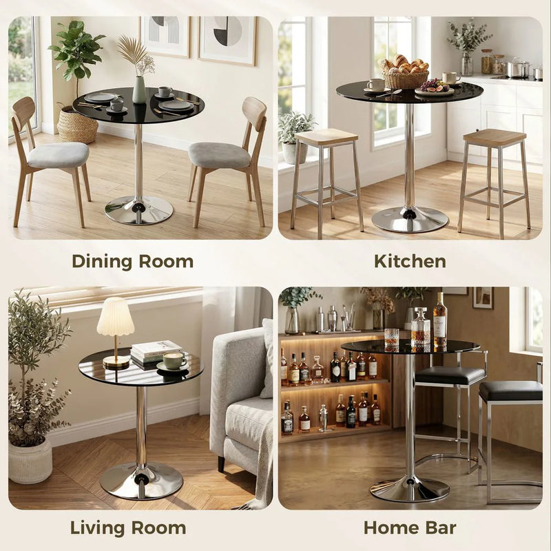 HOMCOM Round Bar Table, Modern Dining Table with Tempered Glass Top and Steel Frame for 4, 70 x 70 x 75.5cm, Black
