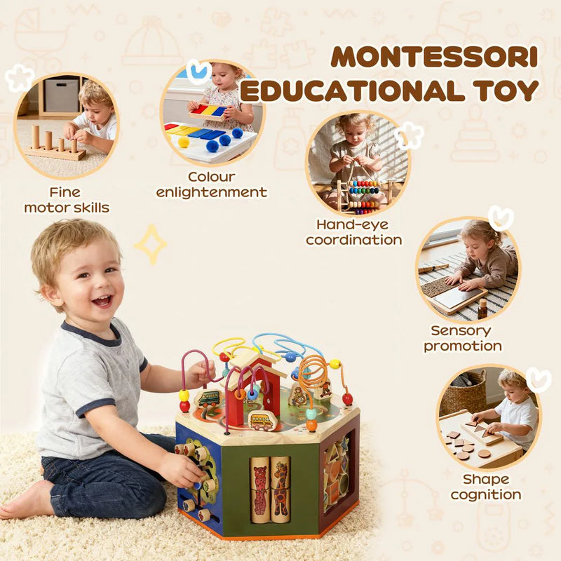 AIYAPLAY 8 in 1 Wooden Activity Cube with Bead Maze, Shape Sorter, for Kids Boys Girls 18 Months