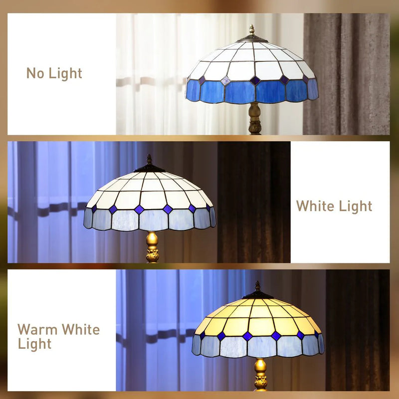 HOMCOM Tiffany-Style Floor Lamp with Handcrafted Stained Glass Shade, 152cm Tall Vintage Standing Lamp with Foot Switch and Dual Sockets for Living Room Bedroom, Bronze Tone and Blue