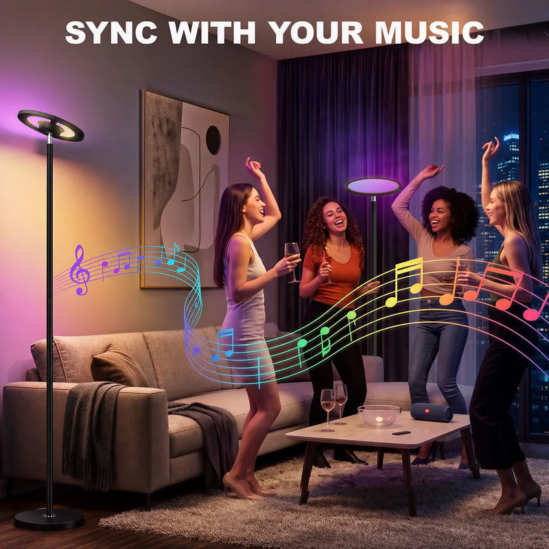 HOMCOM Uplighter Floor Lamp with Tuya App and Music Sync, Standing Lamp with Adjustable Head for Living Room Bedroom, Black