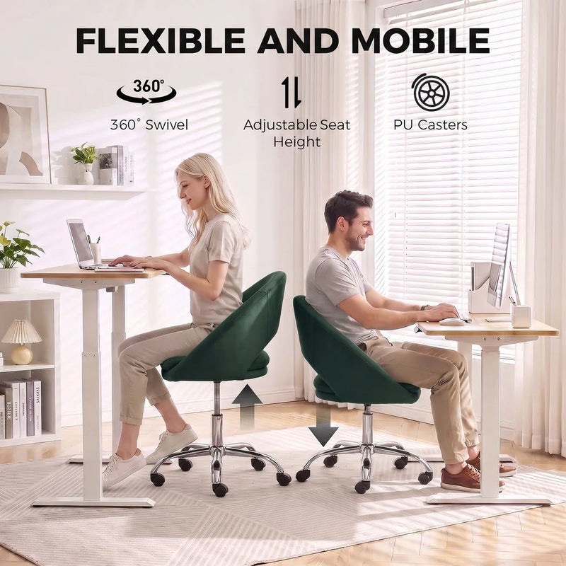 HOMCOM Velvet Desk Chair, Modern Office Chair with Height-Adjustable, Wheels, for Home Study Bedroom, Dark Green