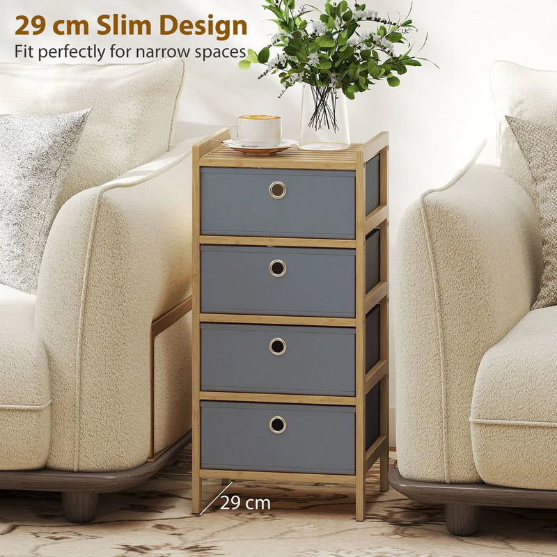 HOMCOM Chest of Drawers, 4 Fabric Drawers Narrow Dresser with Bamboo Frame, Light Grey