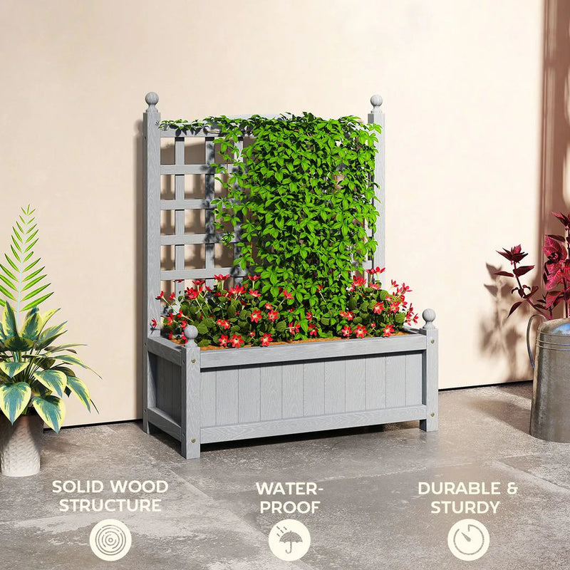 Outsunny Garden Planters with Trellis for Climbing Vines, Wood Raised Beds for Garden, Flower Pot, Indoor Outdoor, Grey