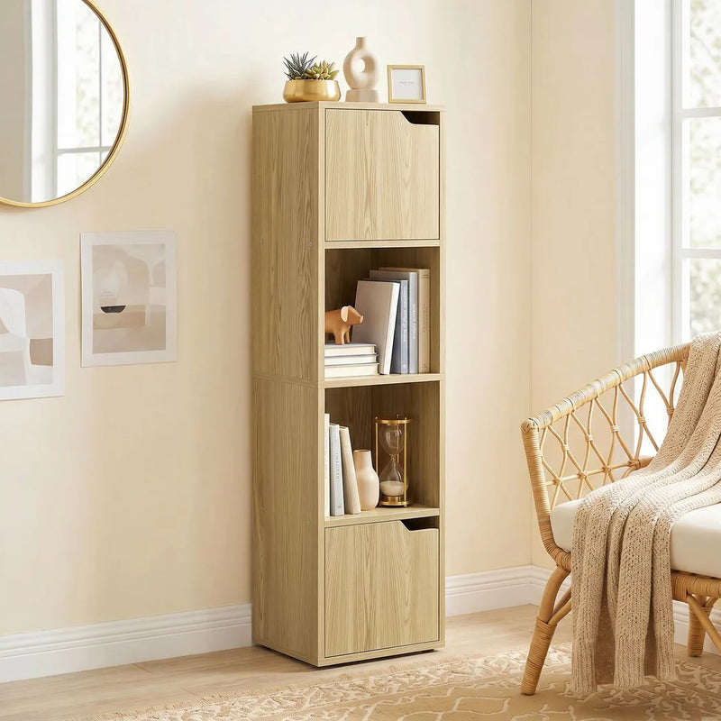 HOMCOM Narrow Bookcase, 4-Tier Bookshelf, Storage Cabinet with doors for Living Room, Bedroom, Oak