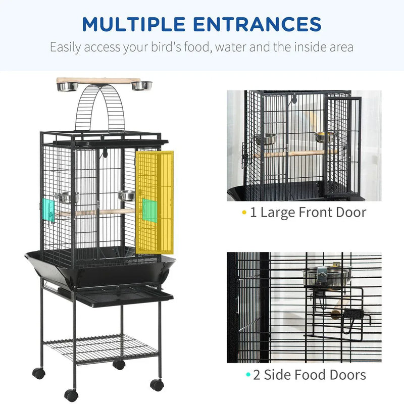 PawHut 156cm Bird Cage, Parrot Cage with Open Play Top, Perch, Seed Guard, Wheels, Storage Shelf, Dark Grey