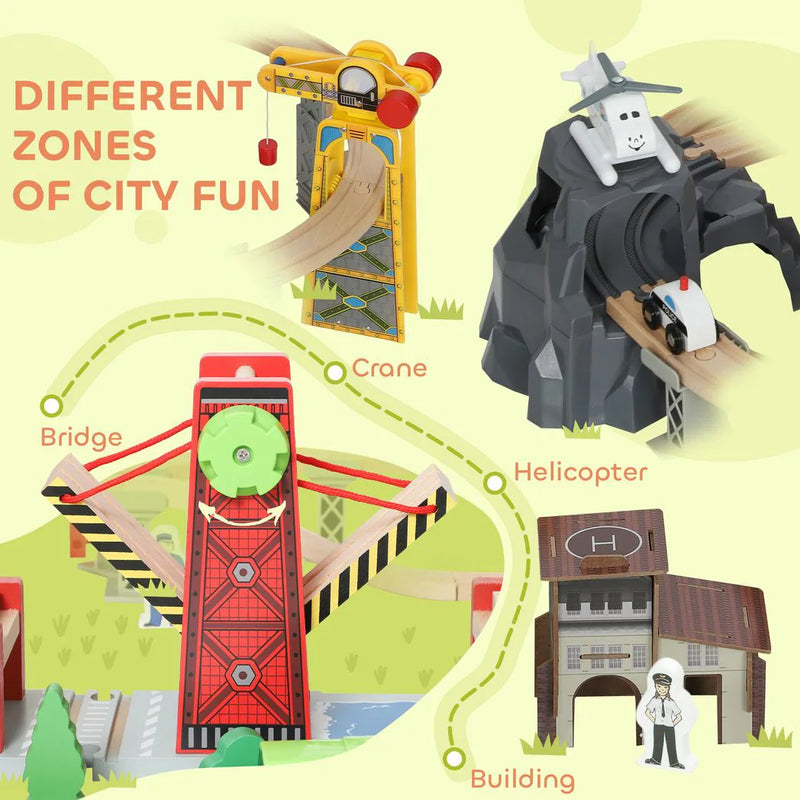 AIYAPLAY 100 Piece Wooden Train Set for Kids 3 Years with Track, Crane, Battery Operated Train