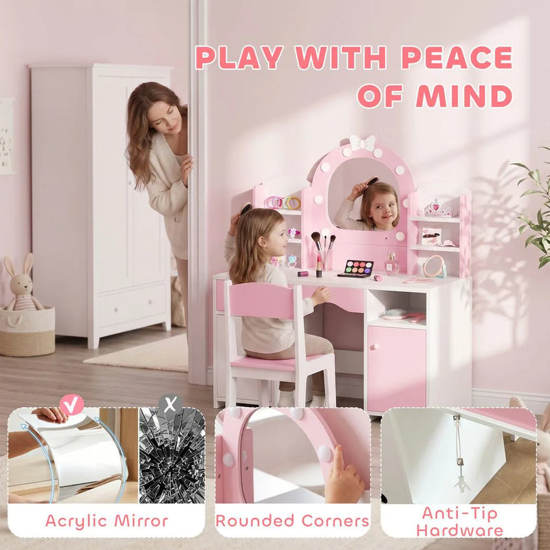 AIYAPLAY Kids Vanity Set, Kids Dressing Table with Stool, 2-Colour Lights Mirror, Cabinet, Drawer and Shelves, Pink