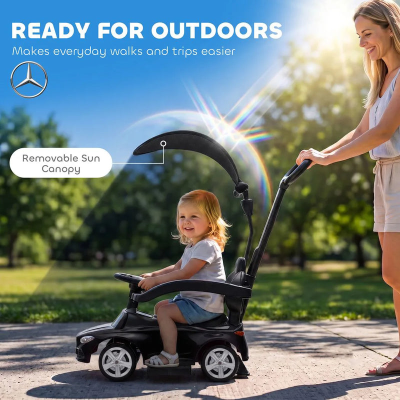 AIYAPLAY 4 in 1 Licensed Benz Ride on Push Car with Handle, Canopy, Guardrails, Horn, Music, Storage for 12-36 Months, Black