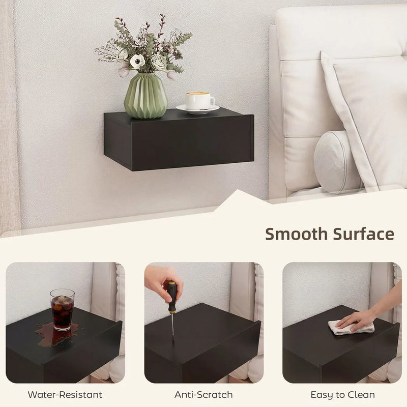 HOMCOM Floating Bedside Table Set of 2, Wall-Mounted Nightstand with Storage Drawer, Small Side End Table for Bedroom, Black
