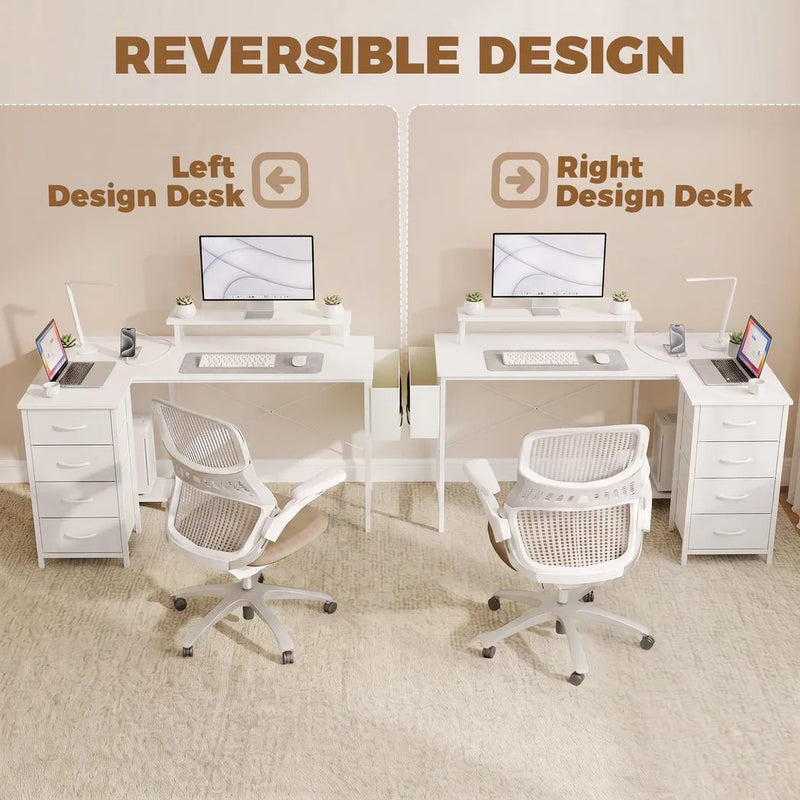 HOMCOM L Shaped Gaming Desk Reversible Power Outlets Corner Desk Storage Drawers Monitor Shelf 150 cm White