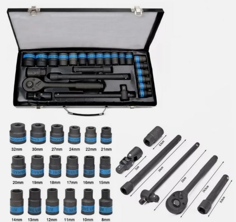 Heavy Duty 1/2" Ratchet Wrench 8-32mm Metric Socket Set Metal Case Socket Set UK