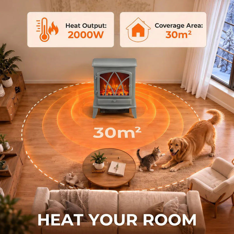 HOMCOM 1kW-2kW Vintage Electric Fireplace Heater - Grey