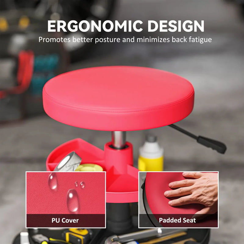 HOMCOM Rolling Mechanic Stool, 135kg Capacity Workshop Stool, 360° Swivel Roller Padded Creeper Seat with Wheels, Tool Trays Storage for Garage, Shop, Auto Repair, Red