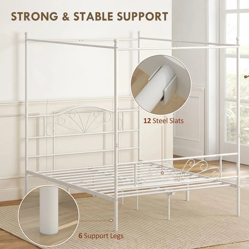 HOMCOM Canopy Bed Frame Double Size, Metal Platform Bed Frame with Headboard and Footboard, Underbed Storage, White