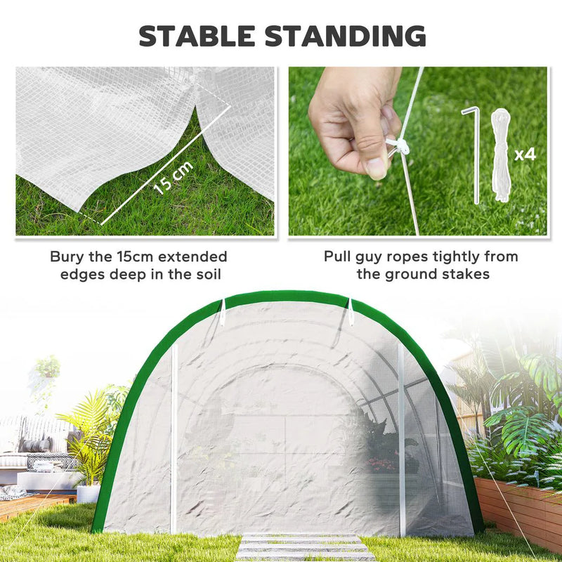 Outsunny Walk-in Polytunnel Greenhouse Tunnel Warm House Tent with Zipped Doors, 8 Mesh Windows, PE Cover, 6 x 3 m, White