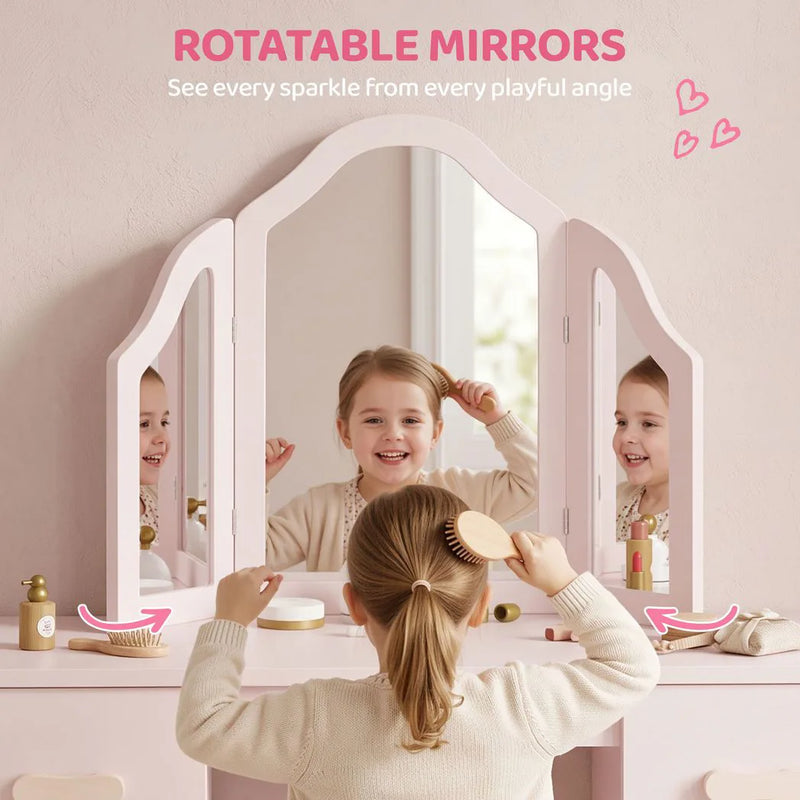 AIYAPLAY Kids Dressing Table, Kids Vanity Table and Chair Set with Tri-Folding Mirror, 2 Drawers, 2 Cabinets for Girls 3, Pink