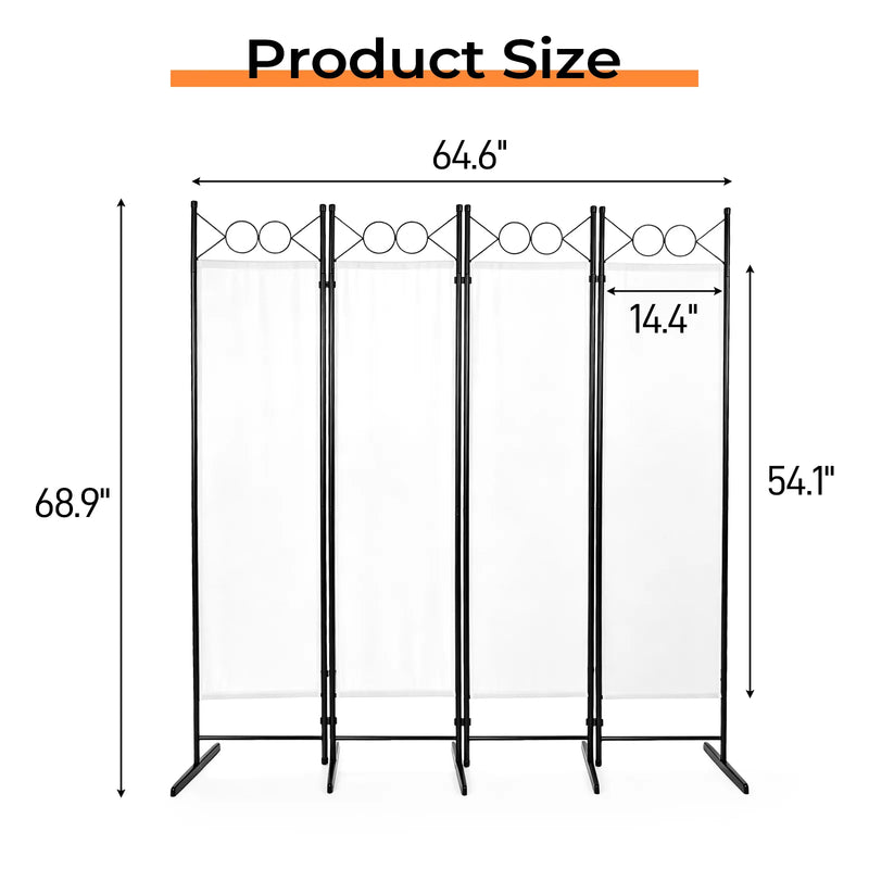 4-Fold Foldable Screen Plastic Feet 160g Polyester Fabric Carbon Steel Frame 6FT Off-White