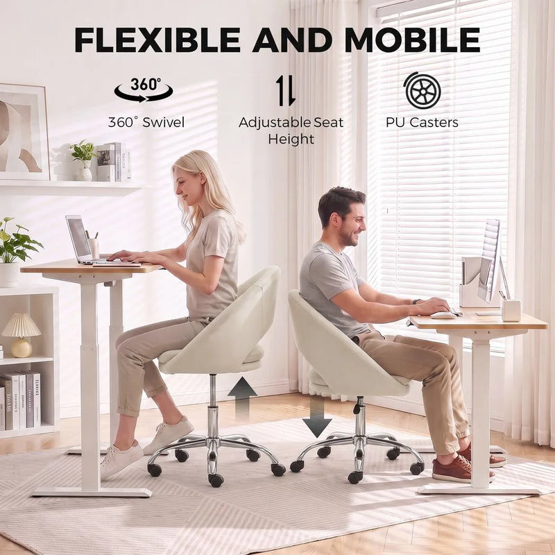HOMCOM Velvet Desk Chair, Modern Office Chair with Height-Adjustable, Wheels, for Home Study Bedroom, Cream