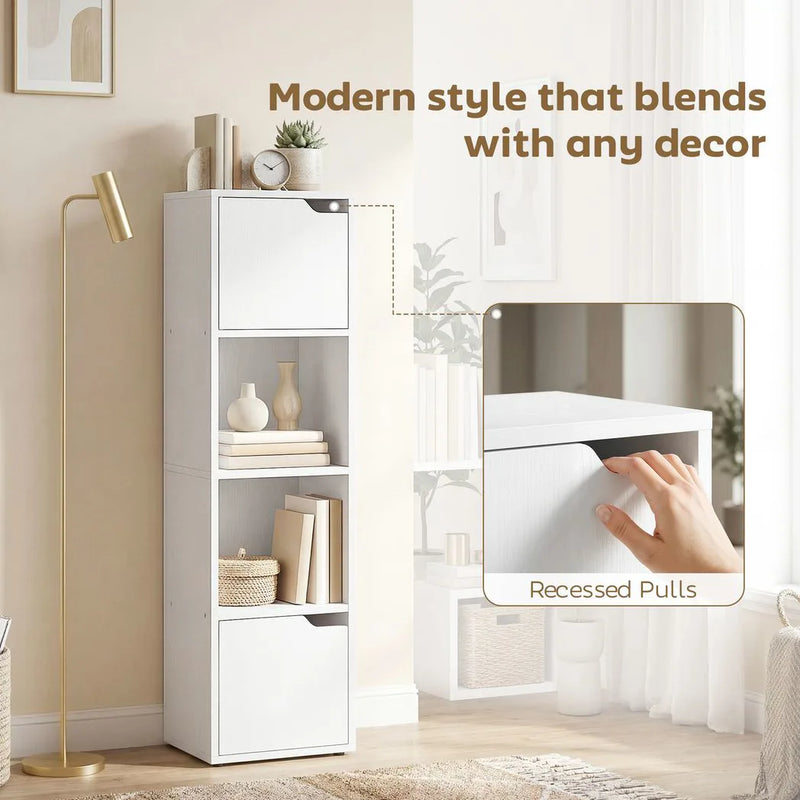 HOMCOM Narrow Bookcase, 4-Tier Bookshelf, Storage Cabinet with doors for Living Room, Bedroom, White