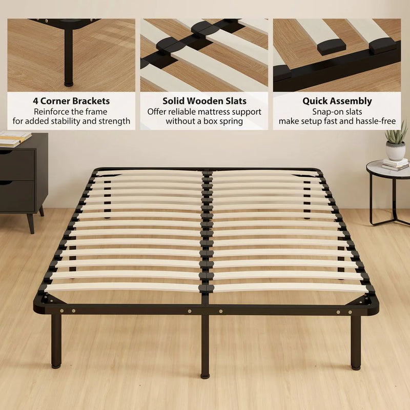 HOMCOM 4ft6 Double Bed Frame, Metal Platform Bed Frame with 2 x 14 Wood Slats, No Box Spring Needed, Underbed Storage, Black