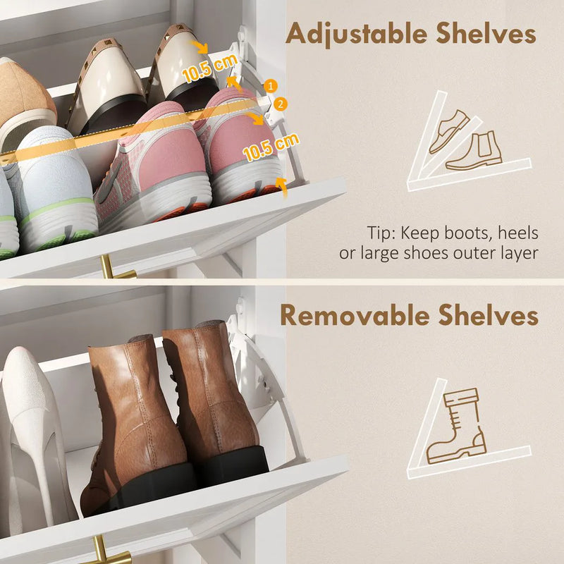 HOMCOM Shoe Cabinet with 2 Flip Drawers, Farmhouse Narrow Shoe Storage Cabinet with Adjustable Shelves, White