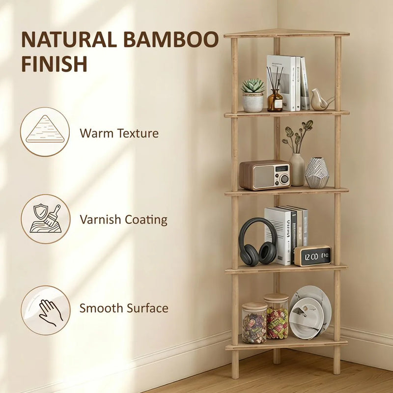 HOMCOM Bamboo Storage Shelf, 5-tier Corner Shelf, Freestanding Shelving Unit for Living Room, Home Office, Natural Wood Finish