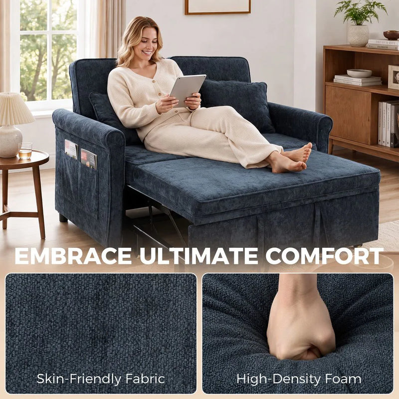 HOMCOM 2 Seater Sofa Bed 3-in-1 Convertible Chenille Pull Out Sleeper Sofa with 5-Position Adjustable Backrest, Dark Blue