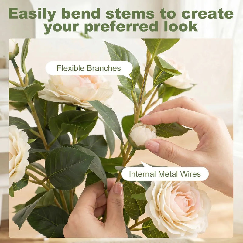 HOMCOM 65cm Artificial Camellia Flower Plant in Pot with 116 Lush Leaves & Moss Effect, White