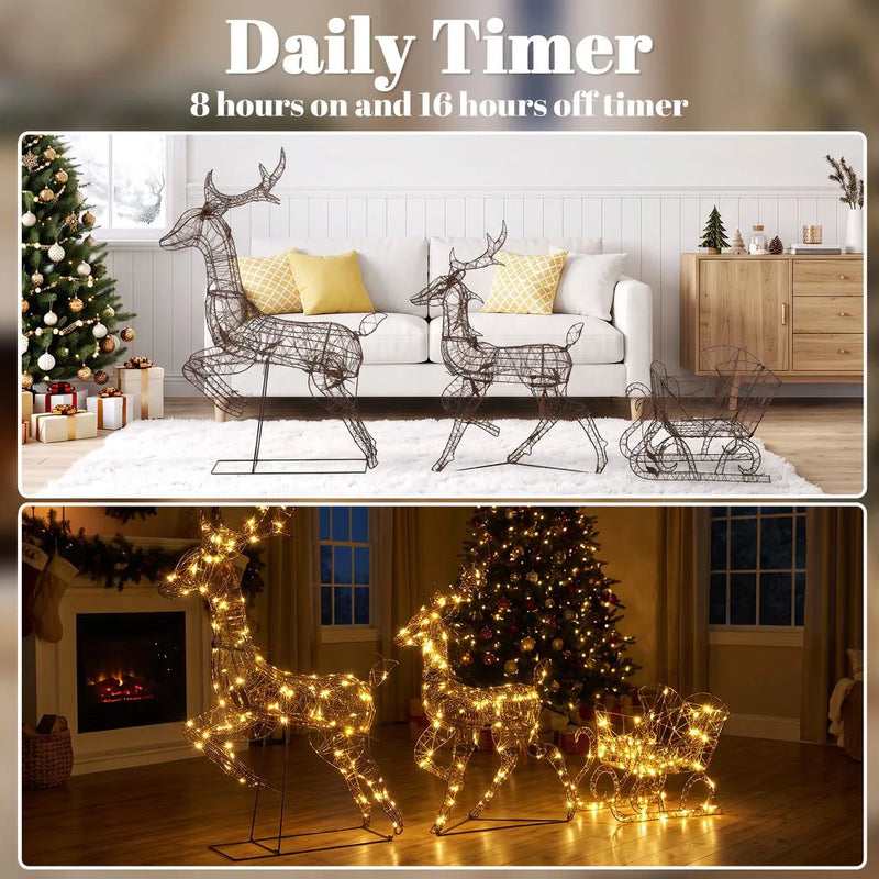 Outsunny 3-Piece Lighted Reindeer and Sleigh Set, PP Rattan Outdoor Christmas Decoration with LEDs, 8 Modes, Daily Timer