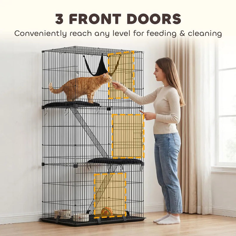 PawHut 3-Tier Large Cat Cage Indoor, Detachable Metal Wire Kennel with Hammock, Platforms, Tray and Cushions for 1-2 Kittens