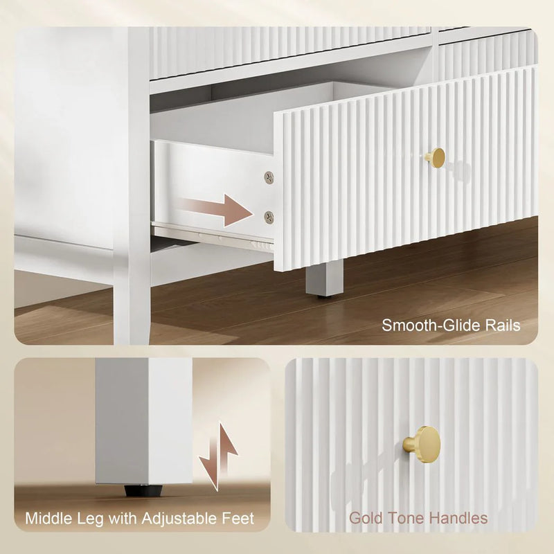 HOMCOM Fluted Dresser, 6 Drawer Chest of Drawers for Bedroom, Living Room, Hallway, Closet, White