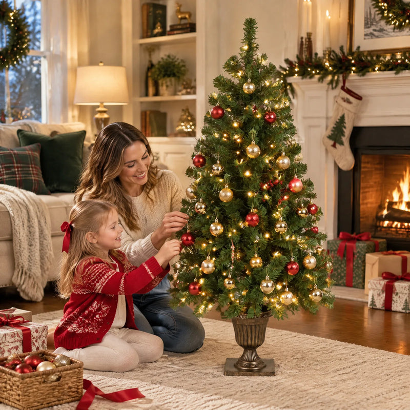 4 FT Pre-lit Artificial Christmas Tree with Trophy Shaped Base, Potted Xmas Tree with 120 Warm Lights, 211 Branch Tips and Remote Control for Holiday Party Office Home, Green